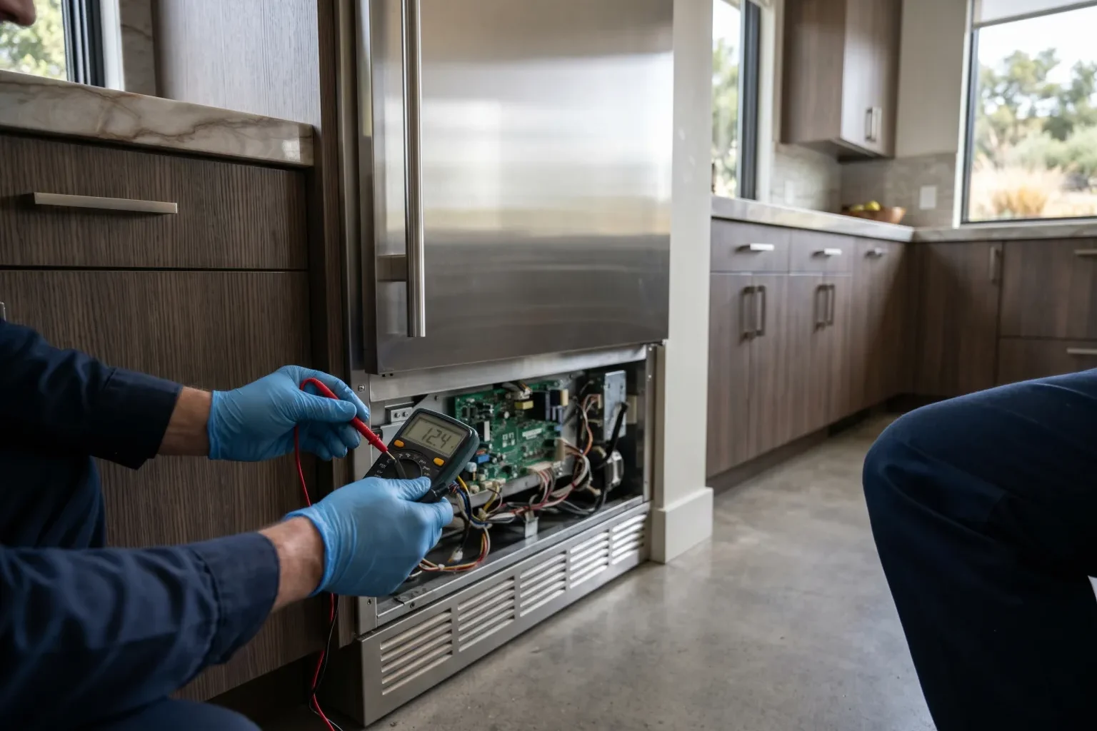 Technician testing the control board of a built-in refrigerator