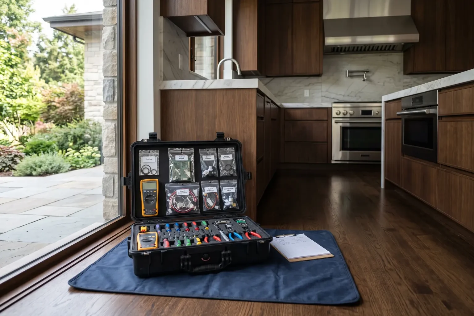 Appliance technician's tool case with meters and replacement parts